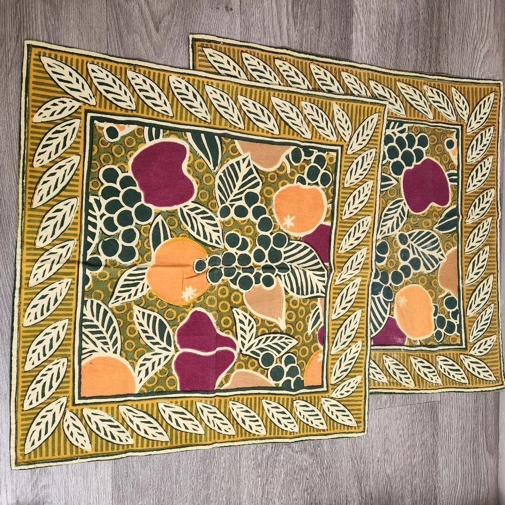 Vintage‎ Pottery Barn Fruit Leaf Cotton Placemats Set of 2 Mustard Orange Purple